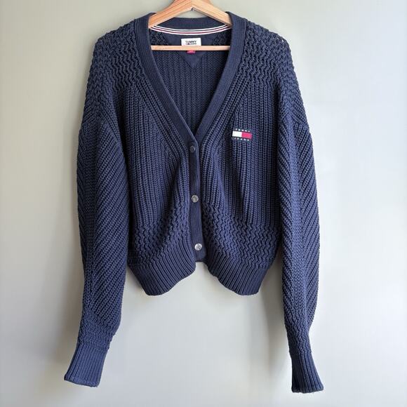 Tommy Hilfiger Jeans Navy Blue Chunky Knit Cotton V-Neck Cardigan Sweater Logo - Picture 1 of 13